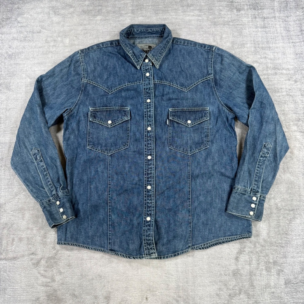 Levis SilverTab Shirt Mens Large Blue Denim Vtg Western Pearl Snap Long Sleeve